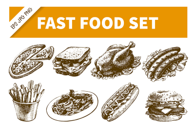 Fast Food Hand Drawn Sketch Vector Set