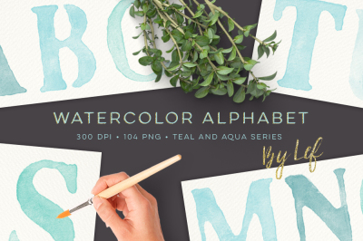 Watercolor Alphabet Graphics Clipart. Hand painted watercolour. Teal and Aqua set. 104 PNG