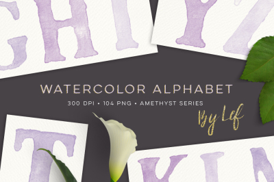 Watercolour Painted Alphabet Clipart. Watercolor Graphics handpainted in purple, amethyst colors.