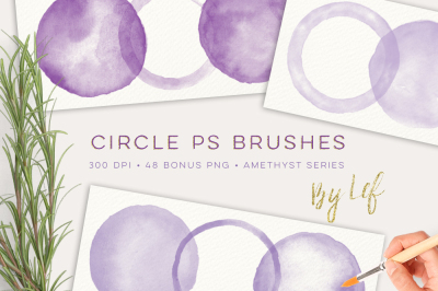 Watercolor Photoshop Brushes Circles including bonus images round clipart in purple and lilac shades.