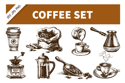 Coffee Hand Drawn Sketch Vector Set
