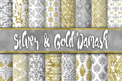Silver and Gold Damask Digital Paper Textures