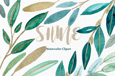 Shine gold leaves. watercolor clipart