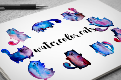 Watercolor cats silhouettes