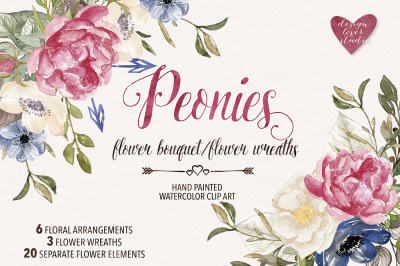 Watercolor peonies flower cliparts
