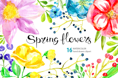 Spring watercolor flowers and floral elements