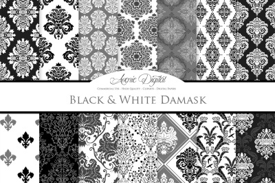 28 Black and White Damask Digital Papers Bundle