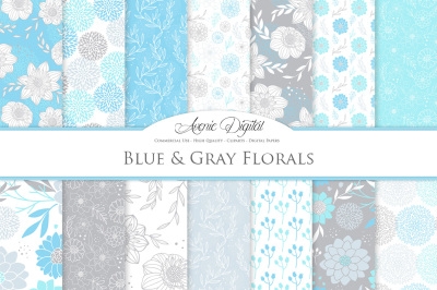Blue and Gray Floral Vector Patterns and Blue Flower Digital Paper
