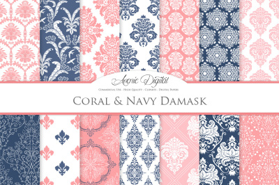 28 Coral and Navy Damask Digital Paper Bundle
