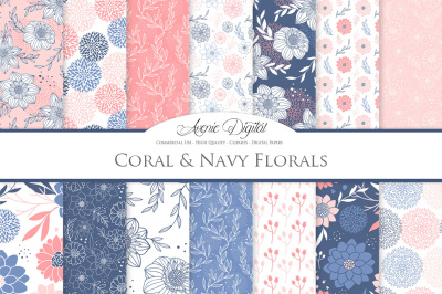 Coral and Navy Floral Vector Patterns and Flowers Digital Papers