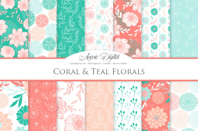 Teal and Coral Floral Vector Patterns and Flower Paper