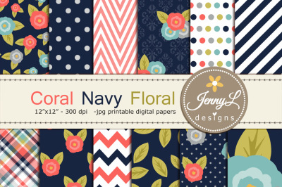 Coral Navy Floral Digital Papers