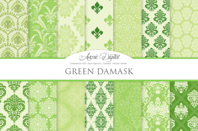 28 Green Damask Digital Papers Bundle