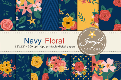 Navy Blue Floral digital paper