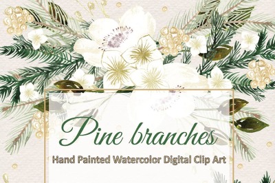 Watercolor mint hand painted cliparts, pine branches, christmas, watercolour flower, floral, hand painted flower