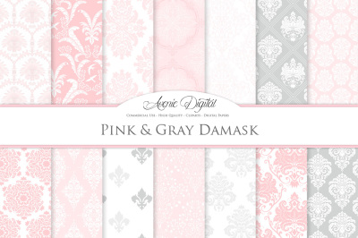 28 Pink and Grey Damask Background Bundle