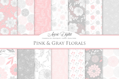 Pink and Gray Floral Vector Patterns and Digital Paper