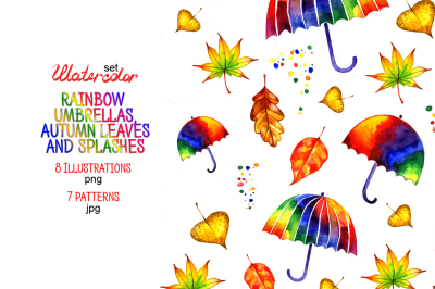 Watercolor autumn rainbow umbrellas.