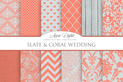 Slate & Coral Wedding Digital Paper