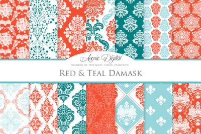 28 Teal and Red Damask Digital Papers Bundle