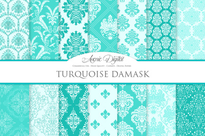 28 Turquoise Damask Digital Paper Bundle