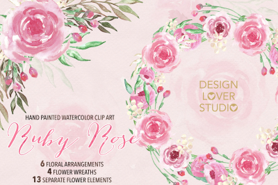 Watercolor Ruby rose wreaths clipart