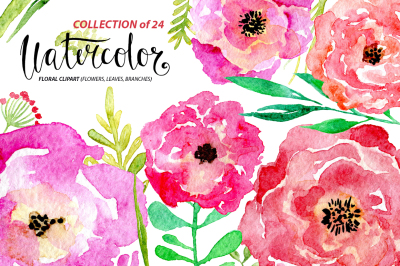 Watercolor flowers collection purple, pink, red