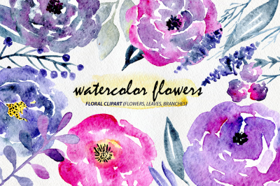 Watercolor violet and purple flowers PNG