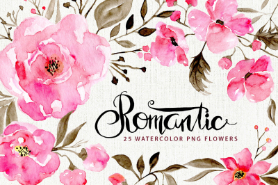 Romantic pink watercolor flowers roses
