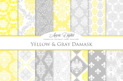 28 Yellow and gray Damask Digital Paper Bundle