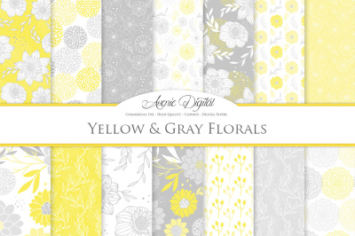Yellow and Gray Floral Vector Patterns and Digital Paper
