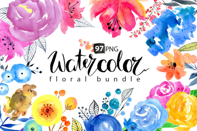 Watercolor floral big bundle, 97 PNG