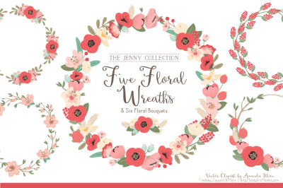 Jenny Floral Vector Wreaths in Mint &amp; Coral 