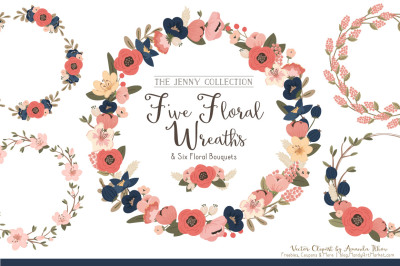 Jenny Vector Floral Wreaths &amp; Bouquets in Navy &amp; Blush