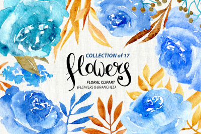Blue and brown watercolor roses flowers
