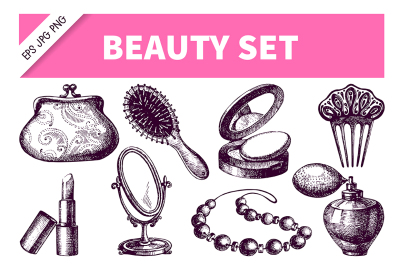 Beauty Cosmetics Hand Drawn Vector Set