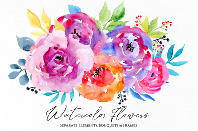 Watercolor Bright Colorful Flowers Png