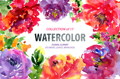 Bright watercolor flowers, 17 png