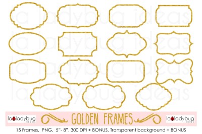 Golden Frames, Clip art. Foil gold frames + BONUS