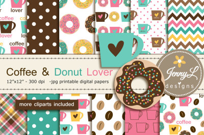 Coffee Donuts Digital Papers and Clipart