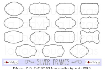 Silver frames, clip art. Silver glitter frames + BONUS
