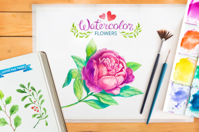 Watercolor flowers and leaves pack