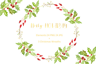 Holly Holiday. Christmas watercolor Clipart.