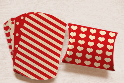 RED Valentines Printable Pillow Box Set with polka dots stripes and hearts