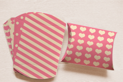 Pink Valentines Printable Pillow Box Set with polka dots stripes and hearts