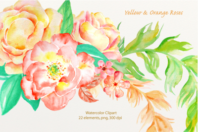 Watercolor Clipart Orange Roses