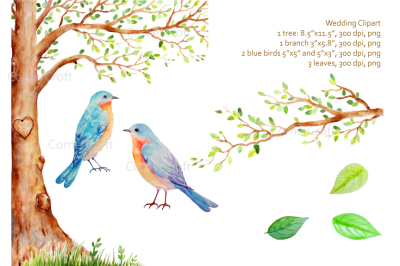 Watercolor Wedding Tree & Blue Birds