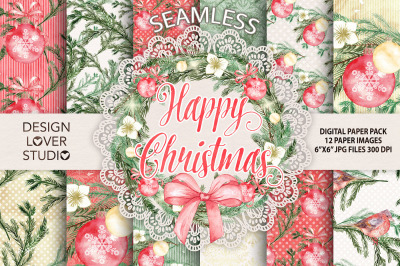 Watercolor "Happy Christmas" digital paper pack