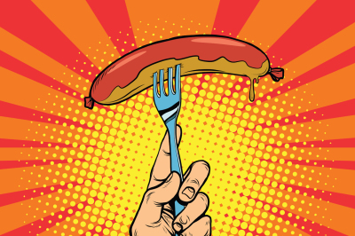 Sausage on a fork, street food