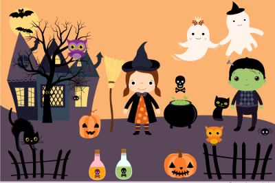 Halloween clip art set, Black cat, Haunted house, Spooky tree, Ghosts, Bats 
